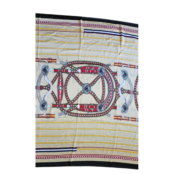 Designer Silk Scarf Beige Gold Red Navy Women’s Equestrian Print Chic Luxury - Picture 4 of 10